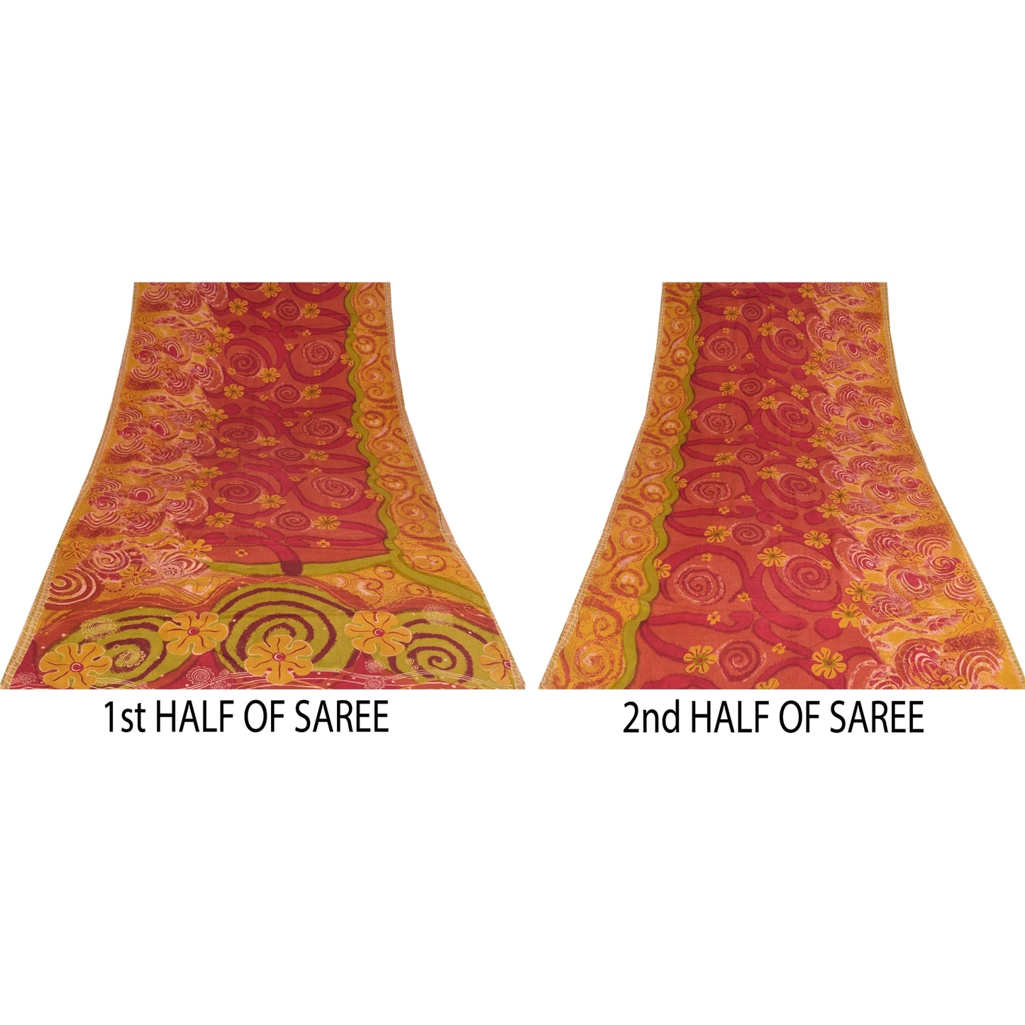 Sanskriti Vintage Sarees Red & Yellow Pure Crepe Printed Sari 5+yd Craft Sustainable Fabric