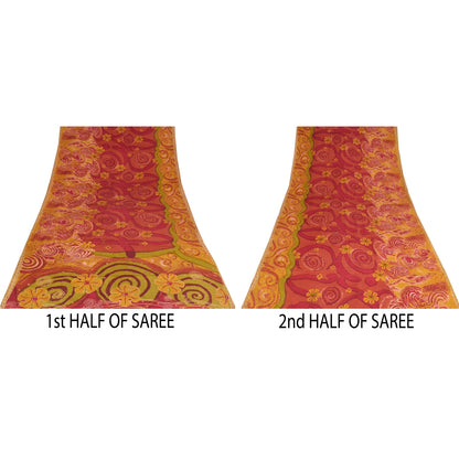 Sanskriti Vintage Sarees Red & Yellow Pure Crepe Printed Sari 5+yd Craft Sustainable Fabric