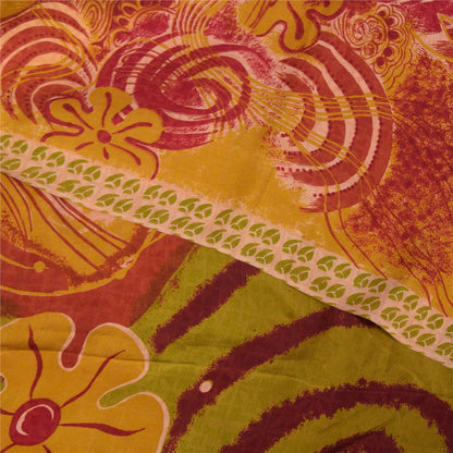 Sanskriti Vintage Sarees Red & Yellow Pure Crepe Printed Sari 5+yd Craft Sustainable Fabric