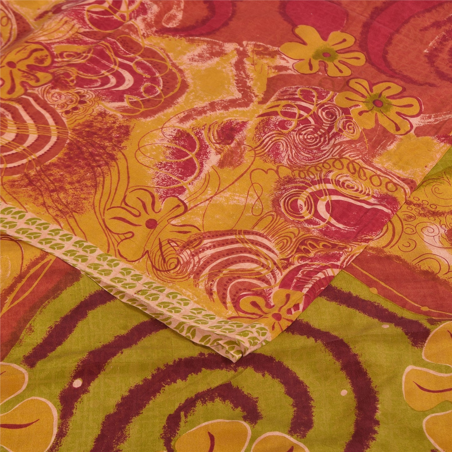 Sanskriti Vintage Sarees Red & Yellow Pure Crepe Printed Sari 5+yd Craft Sustainable Fabric