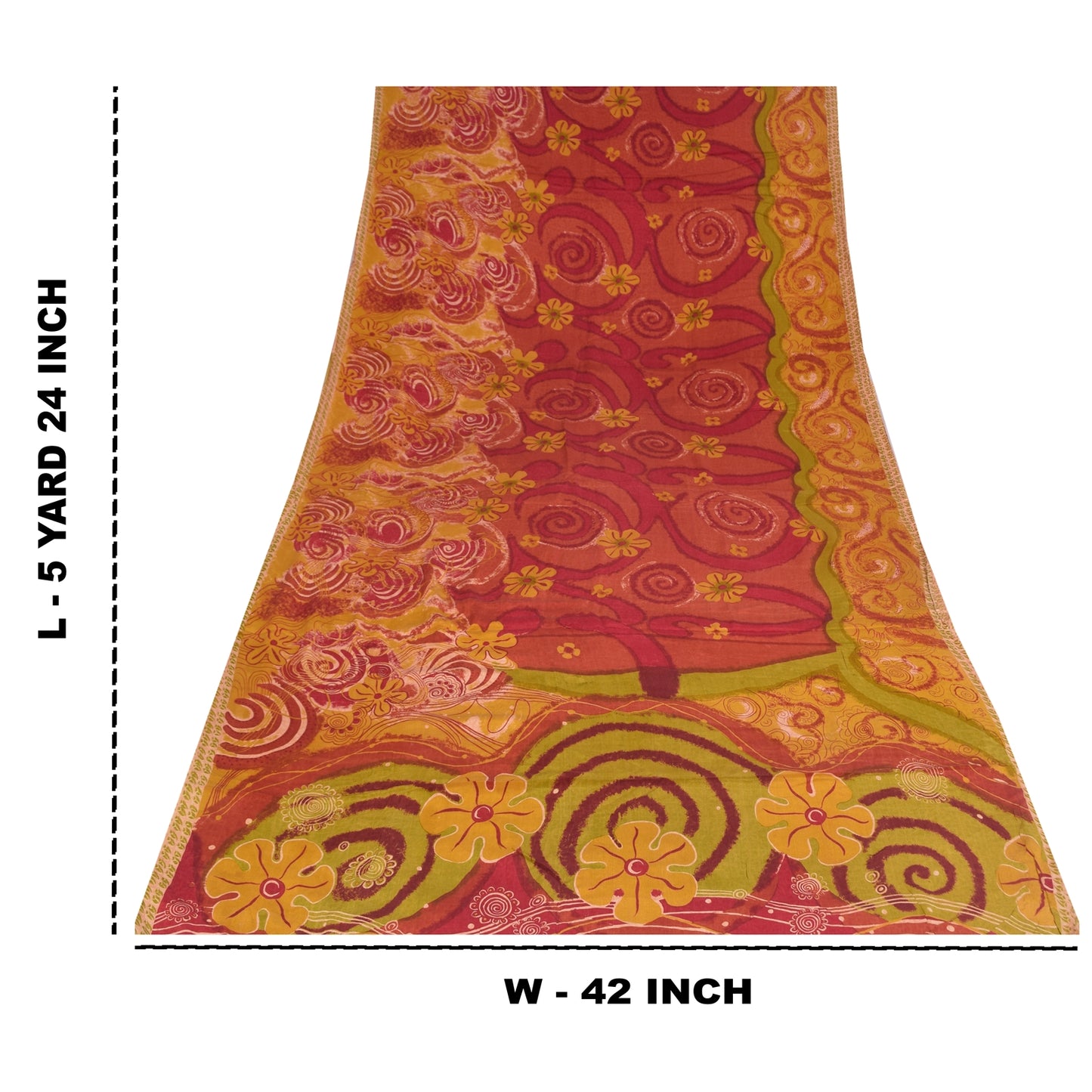 Sanskriti Vintage Sarees Red & Yellow Pure Crepe Printed Sari 5+yd Craft Sustainable Fabric