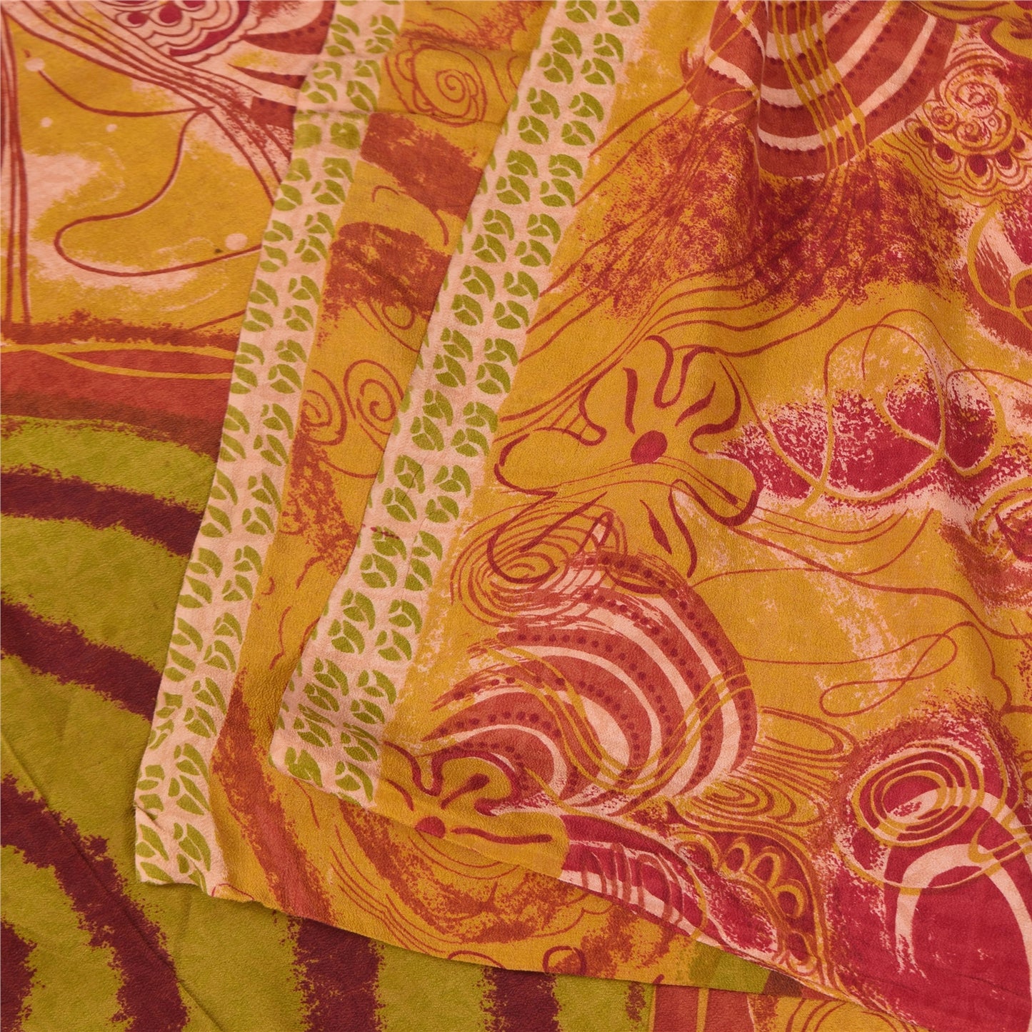 Sanskriti Vintage Sarees Red & Yellow Pure Crepe Printed Sari 5+yd Craft Sustainable Fabric