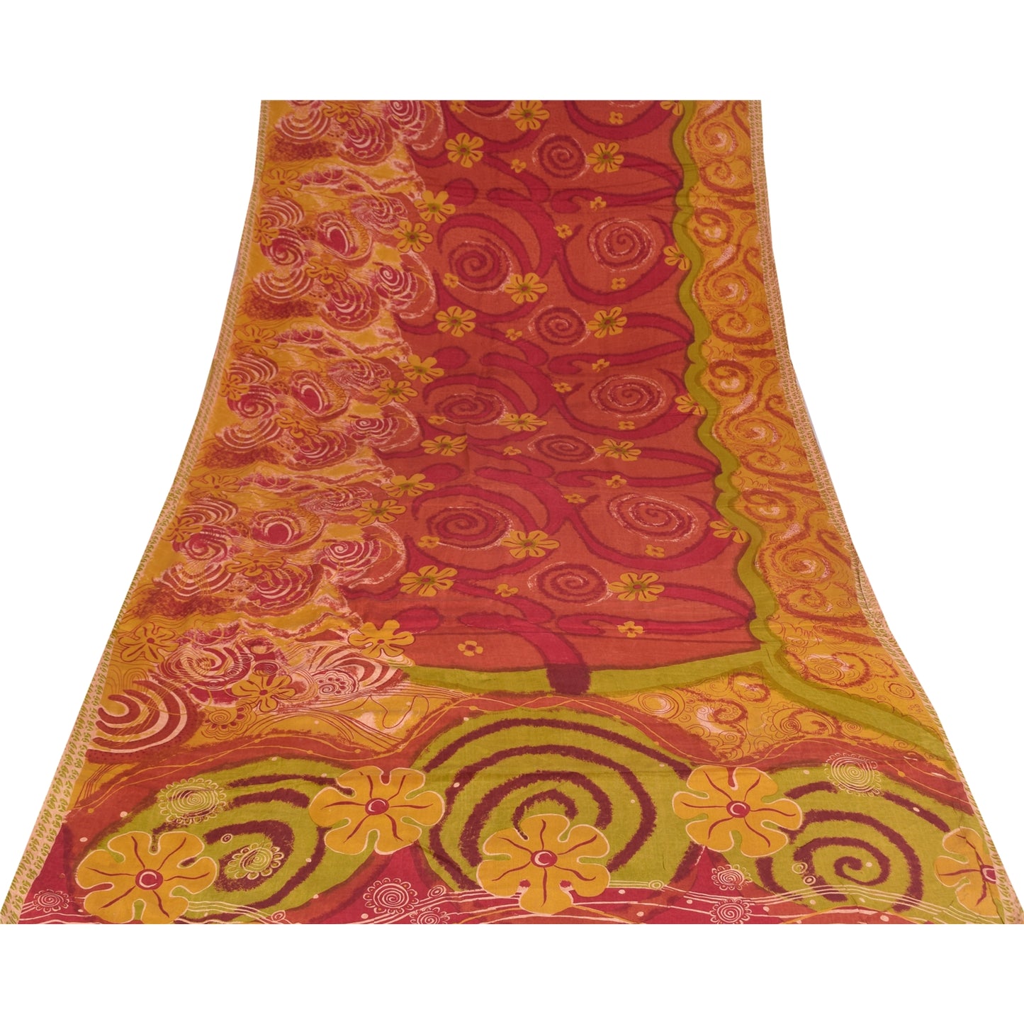 Sanskriti Vintage Sarees Red & Yellow Pure Crepe Printed Sari 5+yd Craft Sustainable Fabric