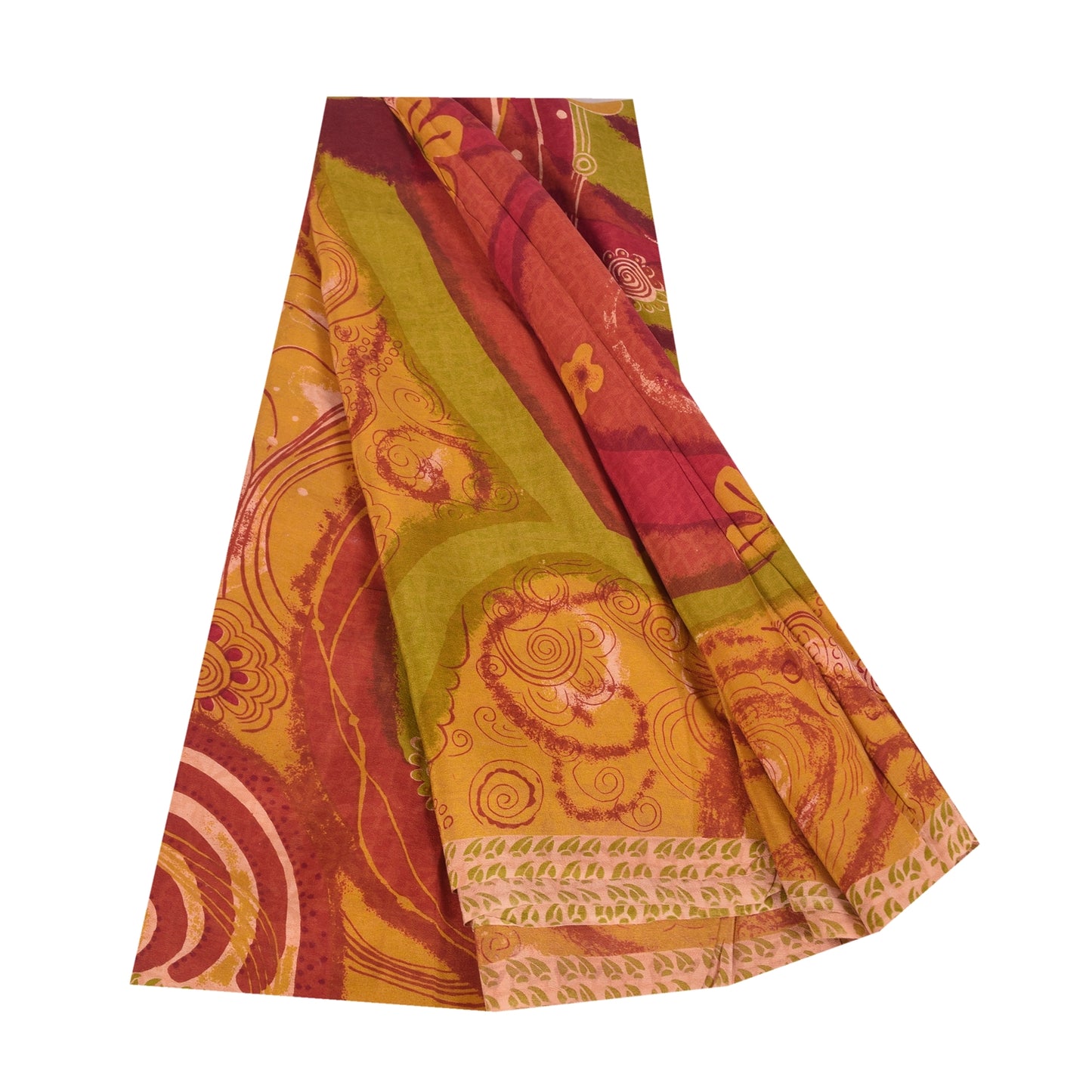 Sanskriti Vintage Sarees Red & Yellow Pure Crepe Printed Sari 5+yd Craft Sustainable Fabric