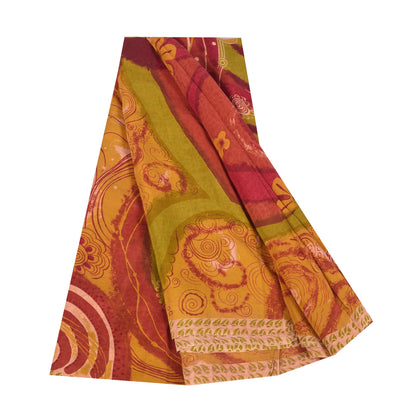 Sanskriti Vintage Sarees Red & Yellow Pure Crepe Printed Sari 5+yd Craft Sustainable Fabric