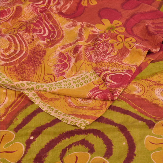 Sanskriti Vintage Sarees Red & Yellow Pure Crepe Printed Sari 5+yd Craft Sustainable Fabric
