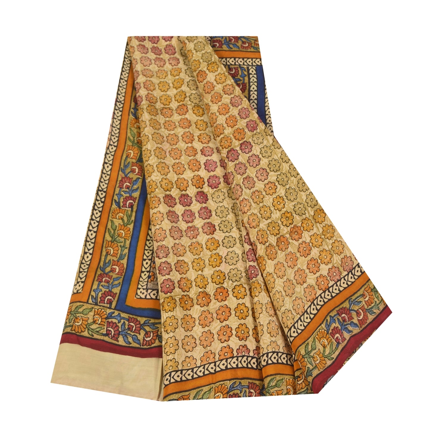 Sanskriti Vintage Sarees Cream Pure Crepe Silk Printed Sari 5+yd Craft Sustainable Fabric