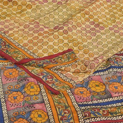 Sanskriti Vintage Sarees Cream Pure Crepe Silk Printed Sari 5+yd Craft Sustainable Fabric