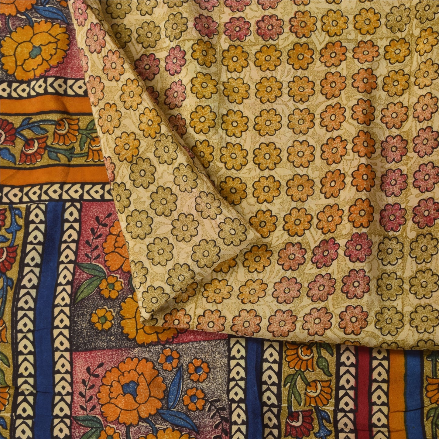 Sanskriti Vintage Sarees Cream Pure Crepe Silk Printed Sari 5+yd Craft Sustainable Fabric