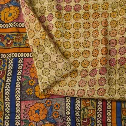 Sanskriti Vintage Sarees Cream Pure Crepe Silk Printed Sari 5+yd Craft Sustainable Fabric