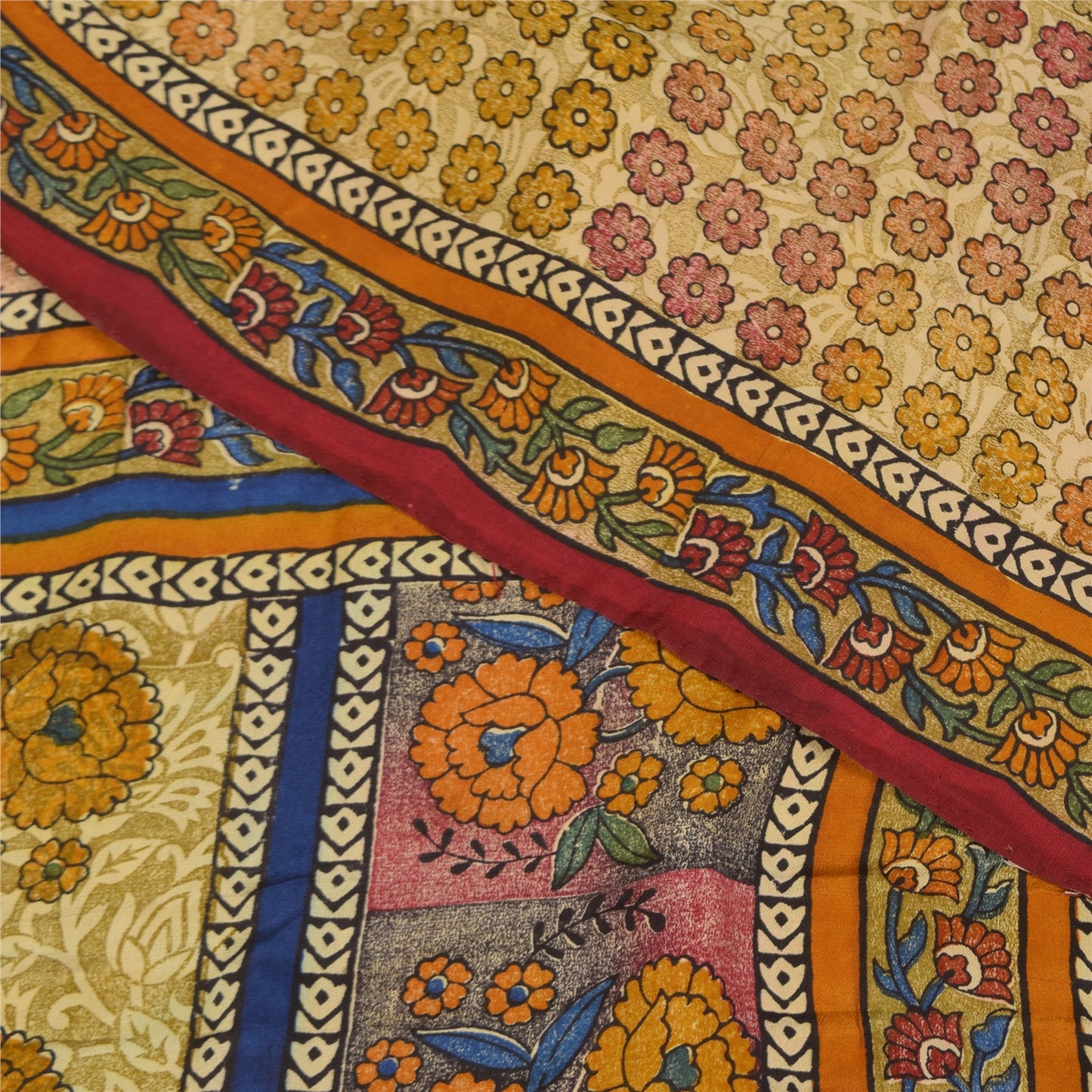 Sanskriti Vintage Sarees Cream Pure Crepe Silk Printed Sari 5+yd Craft Sustainable Fabric