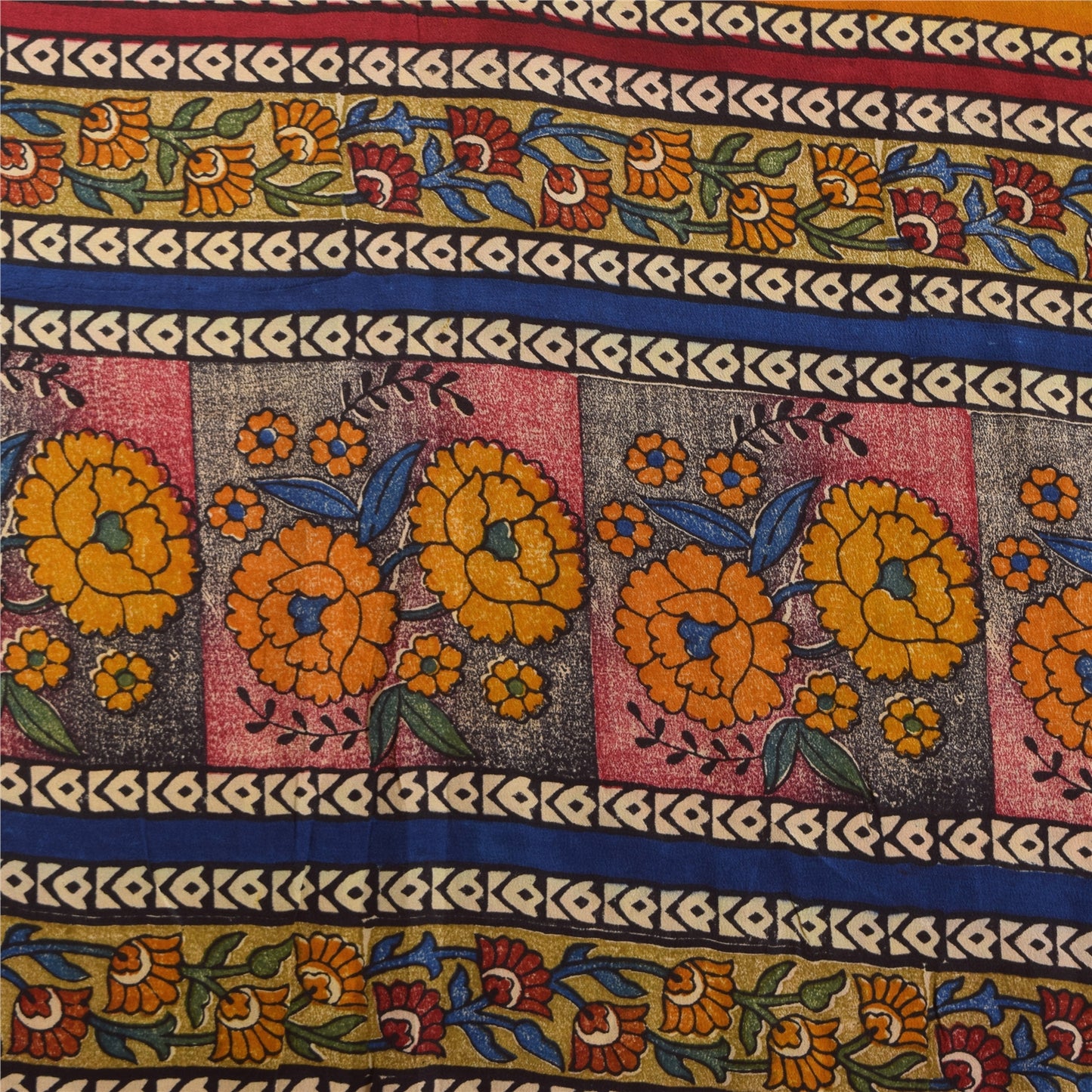 Sanskriti Vintage Sarees Cream Pure Crepe Silk Printed Sari 5+yd Craft Sustainable Fabric