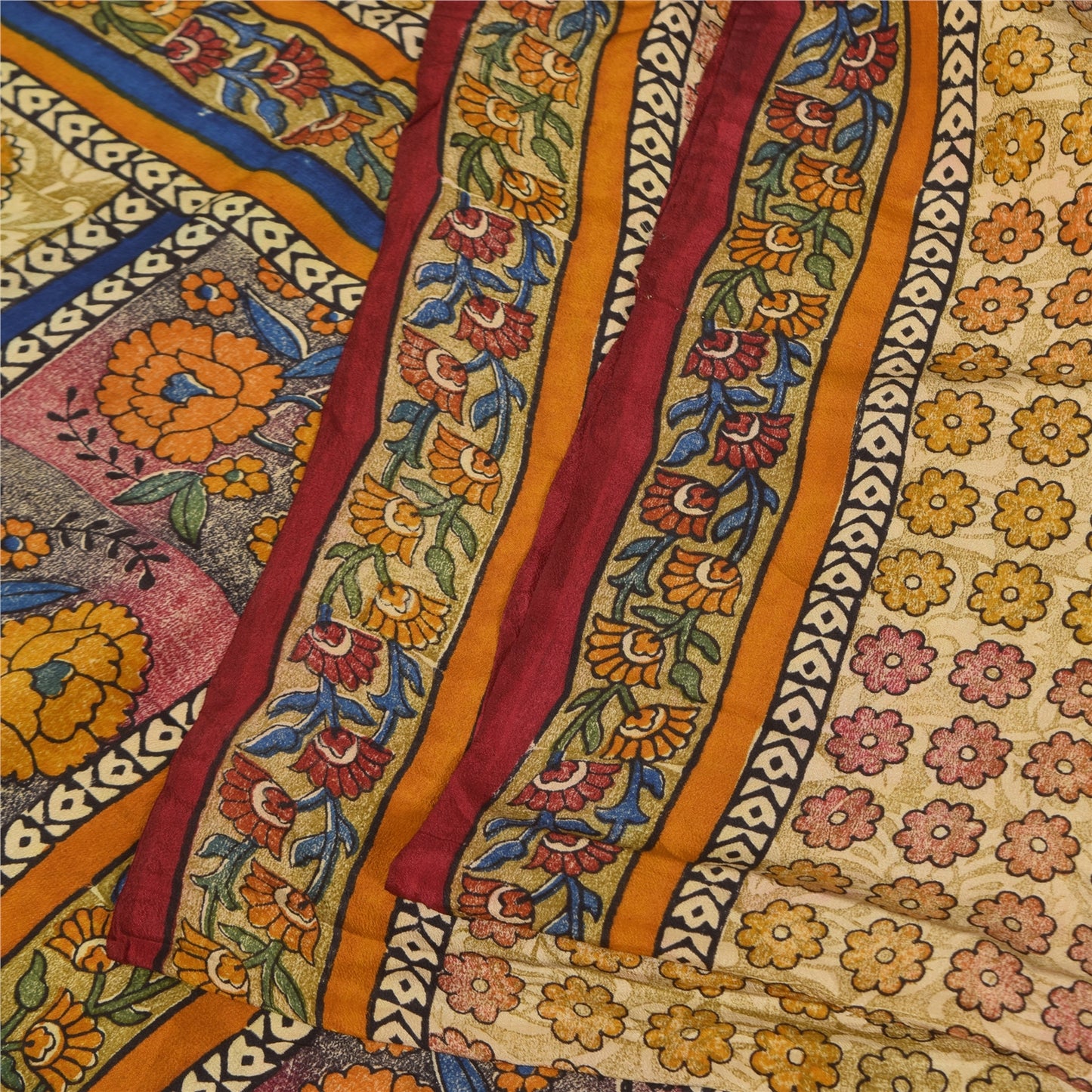 Sanskriti Vintage Sarees Cream Pure Crepe Silk Printed Sari 5+yd Craft Sustainable Fabric