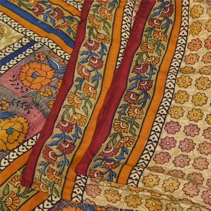 Sanskriti Vintage Sarees Cream Pure Crepe Silk Printed Sari 5+yd Craft Sustainable Fabric