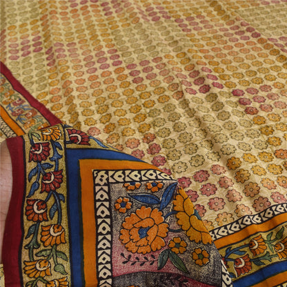 Sanskriti Vintage Sarees Cream Pure Crepe Silk Printed Sari 5+yd Craft Sustainable Fabric