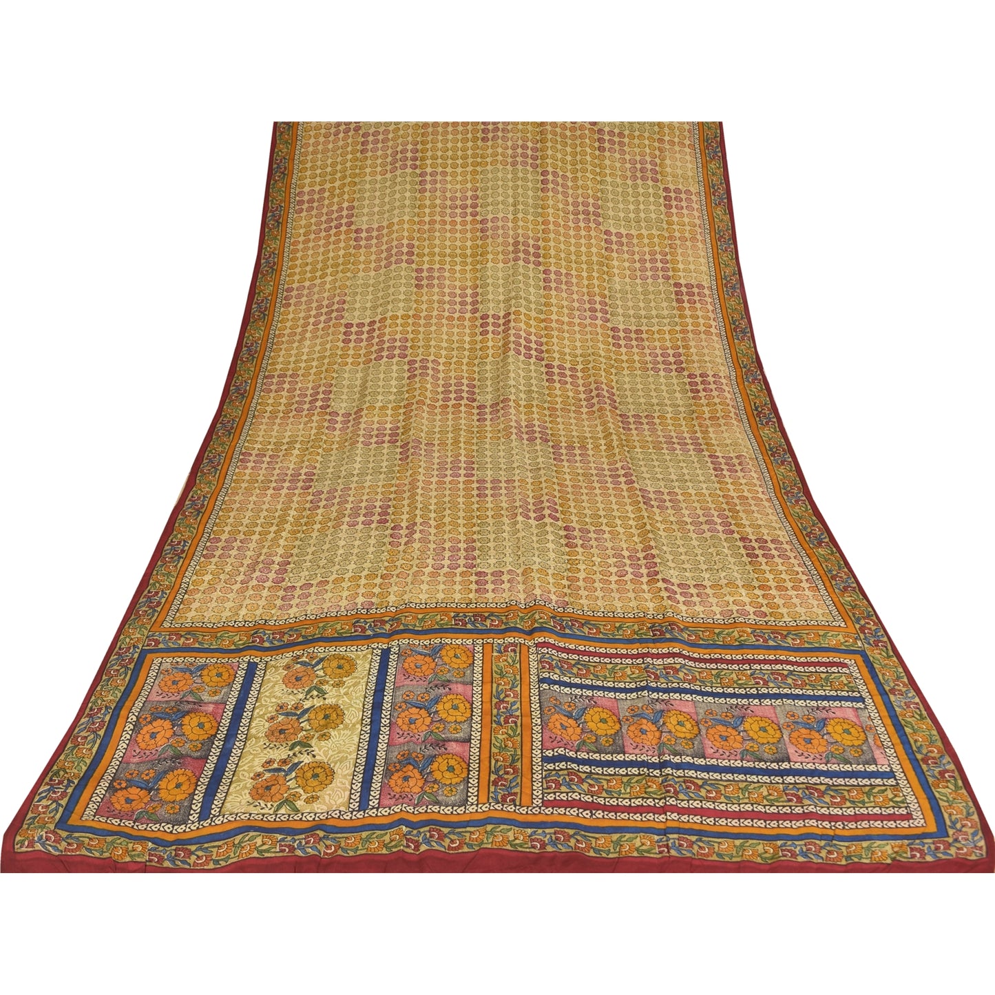 Sanskriti Vintage Sarees Cream Pure Crepe Silk Printed Sari 5+yd Craft Sustainable Fabric