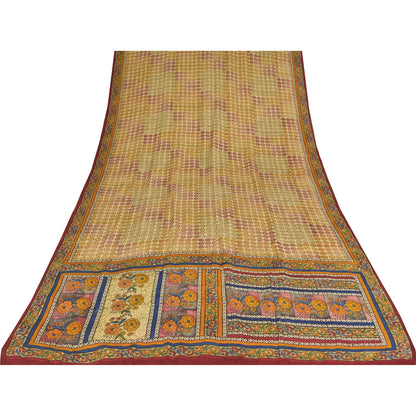 Sanskriti Vintage Sarees Cream Pure Crepe Silk Printed Sari 5+yd Craft Sustainable Fabric