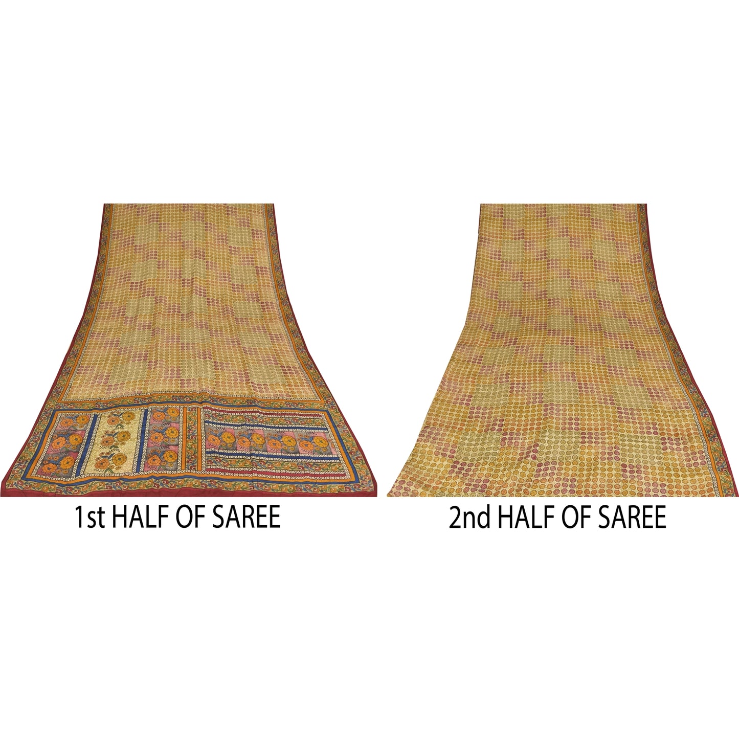 Sanskriti Vintage Sarees Cream Pure Crepe Silk Printed Sari 5+yd Craft Sustainable Fabric