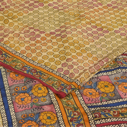 Sanskriti Vintage Sarees Cream Pure Crepe Silk Printed Sari 5+yd Craft Sustainable Fabric