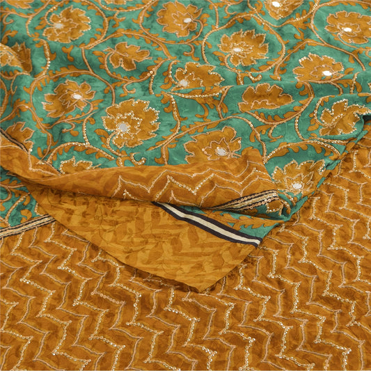 Sanskriti Vintage Sarees Green Embroidered Pure Crepe Silk Print Sari 5yd Sustainable Fabric