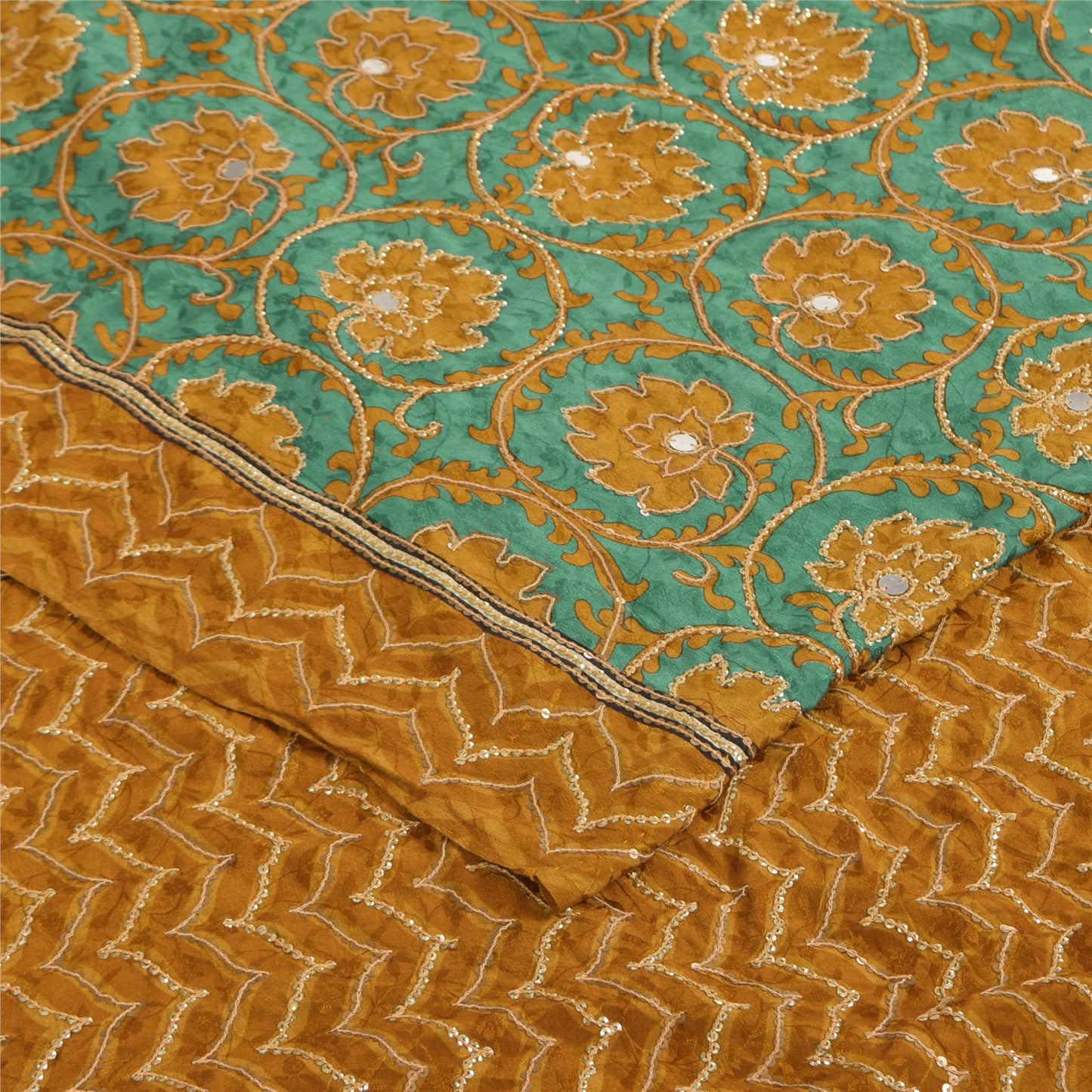 Sanskriti Vintage Sarees Green Embroidered Pure Crepe Silk Print Sari 5yd Sustainable Fabric