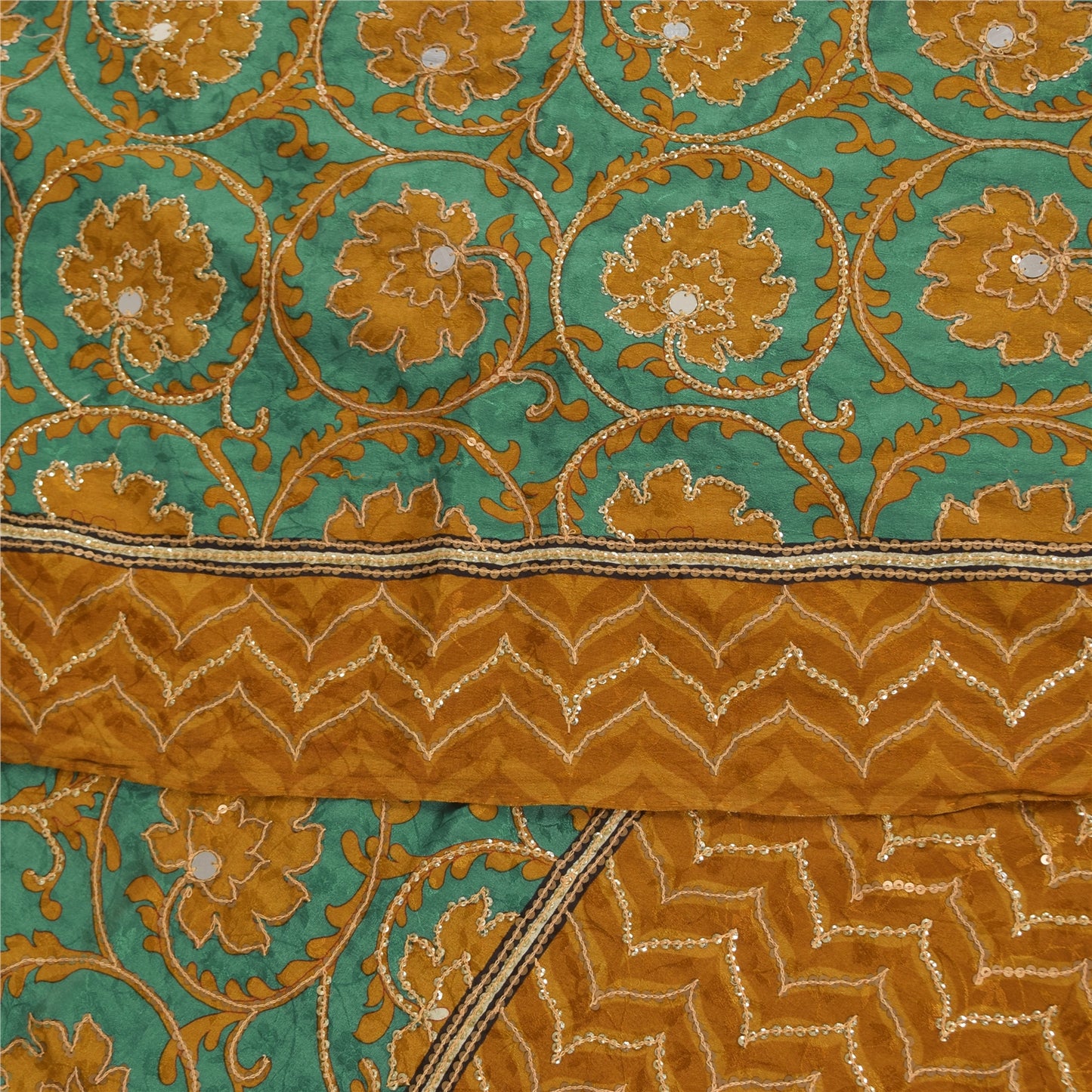 Sanskriti Vintage Sarees Green Embroidered Pure Crepe Silk Print Sari 5yd Sustainable Fabric