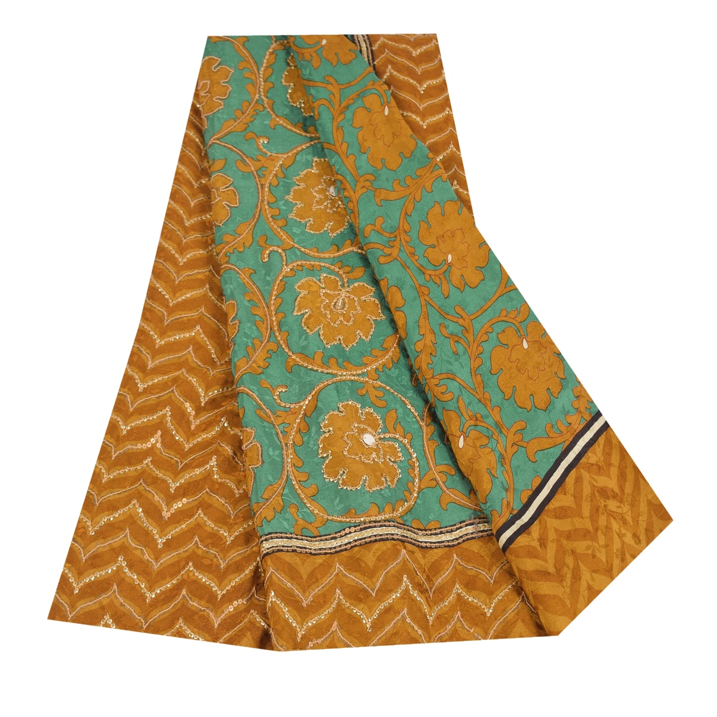 Sanskriti Vintage Sarees Green Embroidered Pure Crepe Silk Print Sari 5yd Sustainable Fabric