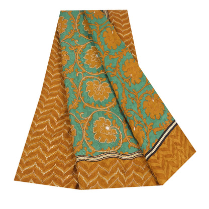 Sanskriti Vintage Sarees Green Embroidered Pure Crepe Silk Print Sari 5yd Sustainable Fabric