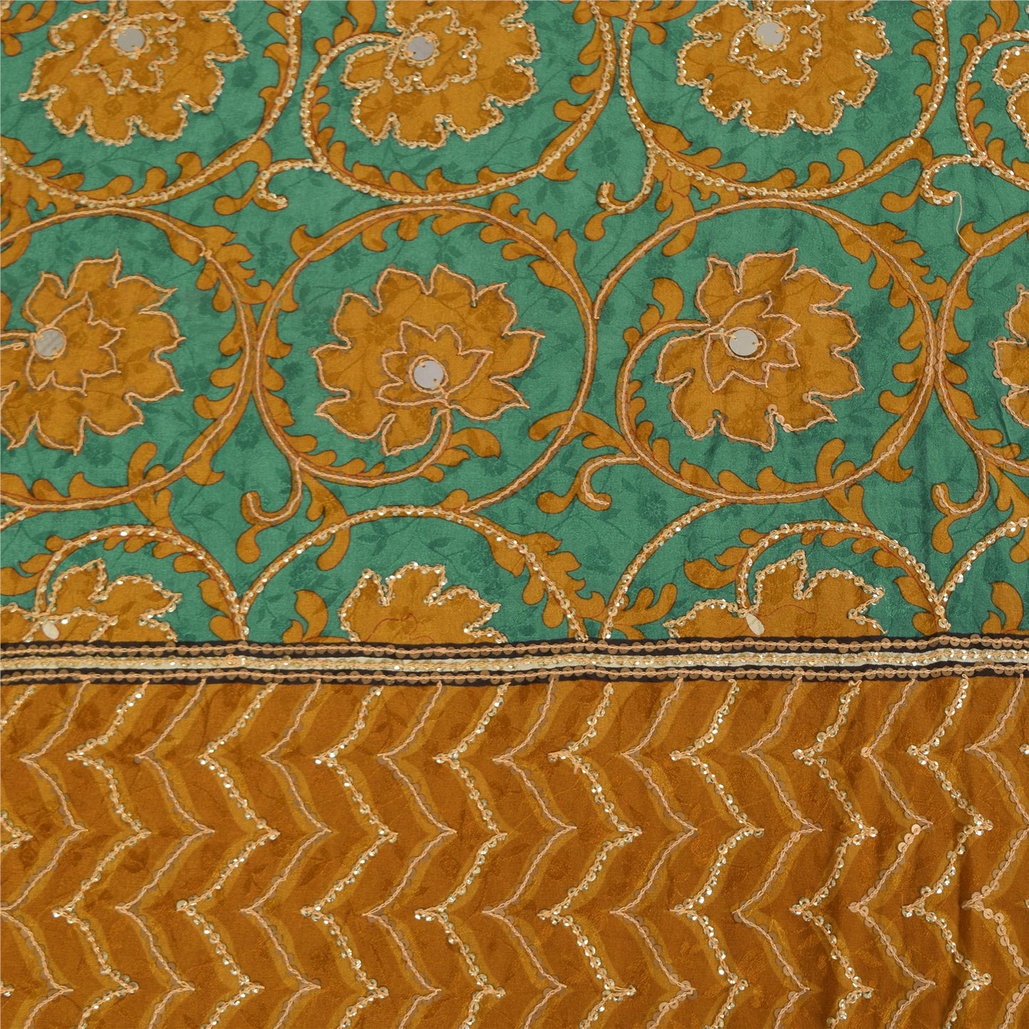 Sanskriti Vintage Sarees Green Embroidered Pure Crepe Silk Print Sari 5yd Sustainable Fabric