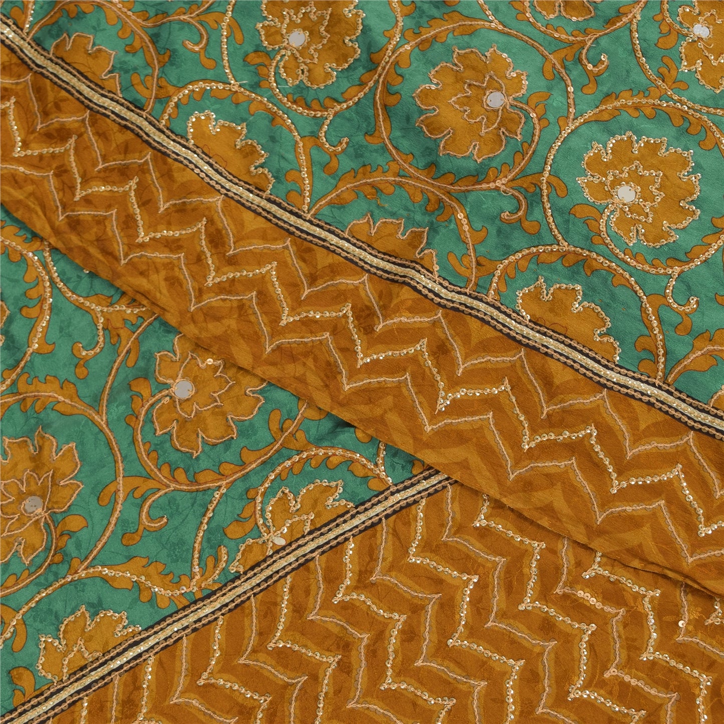 Sanskriti Vintage Sarees Green Embroidered Pure Crepe Silk Print Sari 5yd Sustainable Fabric