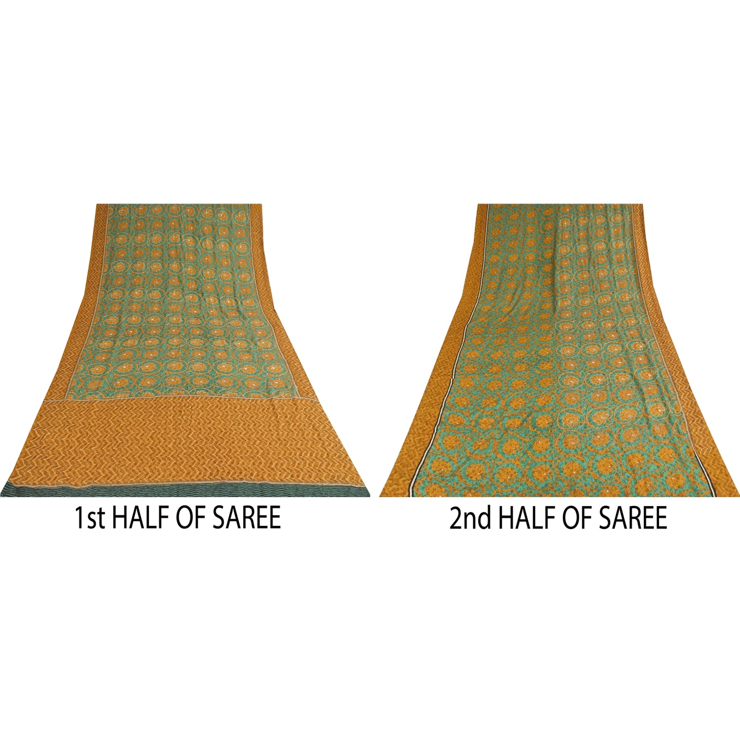 Sanskriti Vintage Sarees Green Embroidered Pure Crepe Silk Print Sari 5yd Sustainable Fabric