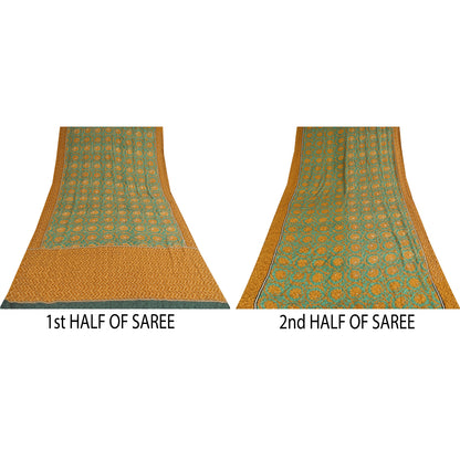 Sanskriti Vintage Sarees Green Embroidered Pure Crepe Silk Print Sari 5yd Sustainable Fabric