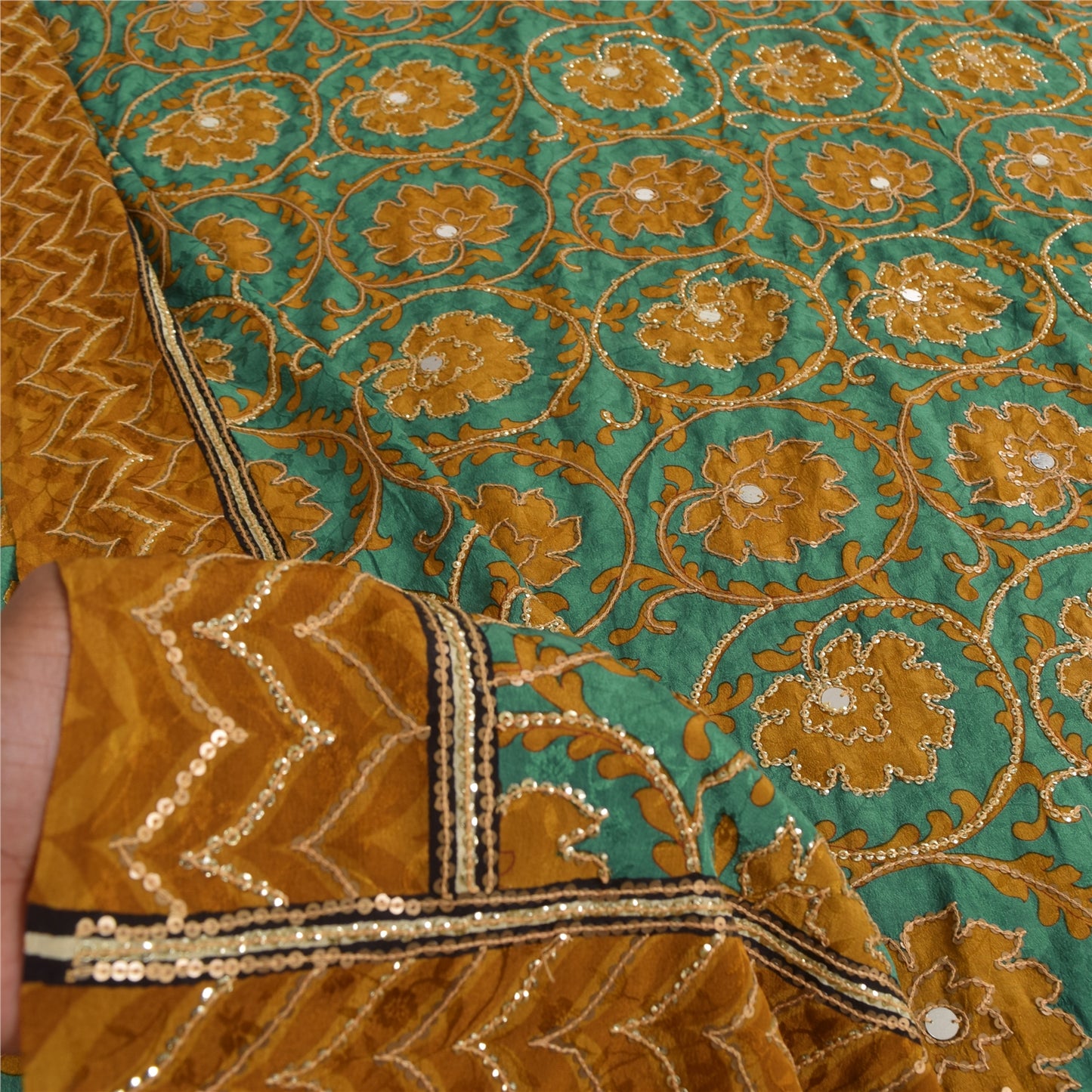 Sanskriti Vintage Sarees Green Embroidered Pure Crepe Silk Print Sari 5yd Sustainable Fabric