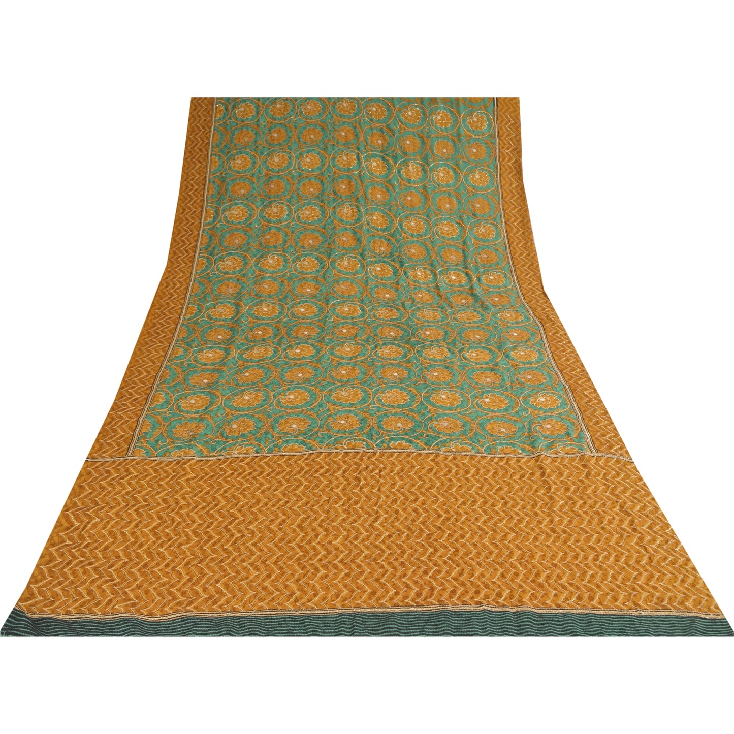 Sanskriti Vintage Sarees Green Embroidered Pure Crepe Silk Print Sari 5yd Sustainable Fabric