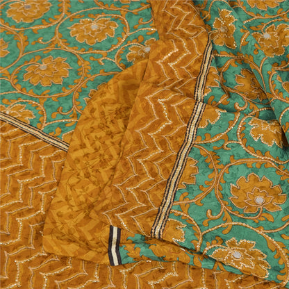 Sanskriti Vintage Sarees Green Embroidered Pure Crepe Silk Print Sari 5yd Sustainable Fabric