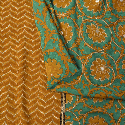 Sanskriti Vintage Sarees Green Embroidered Pure Crepe Silk Print Sari 5yd Sustainable Fabric