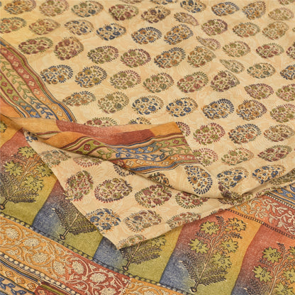 Sanskriti Vintage Sarees Cream Pure Crepe Silk Printed Sari 5+yd Craft Sustainable Fabric
