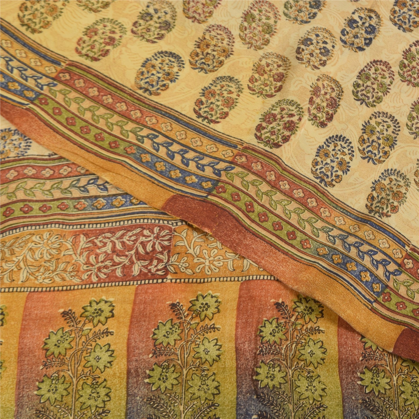 Sanskriti Vintage Sarees Cream Pure Crepe Silk Printed Sari 5+yd Craft Sustainable Fabric