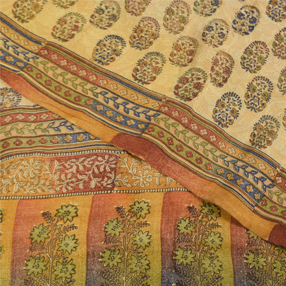 Sanskriti Vintage Sarees Cream Pure Crepe Silk Printed Sari 5+yd Craft Sustainable Fabric