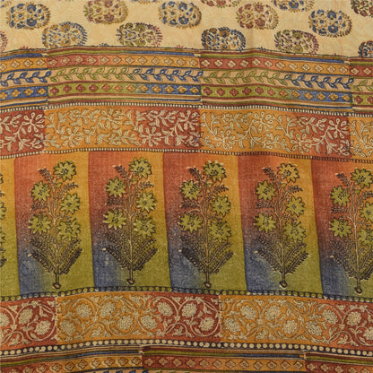 Sanskriti Vintage Sarees Cream Pure Crepe Silk Printed Sari 5+yd Craft Sustainable Fabric