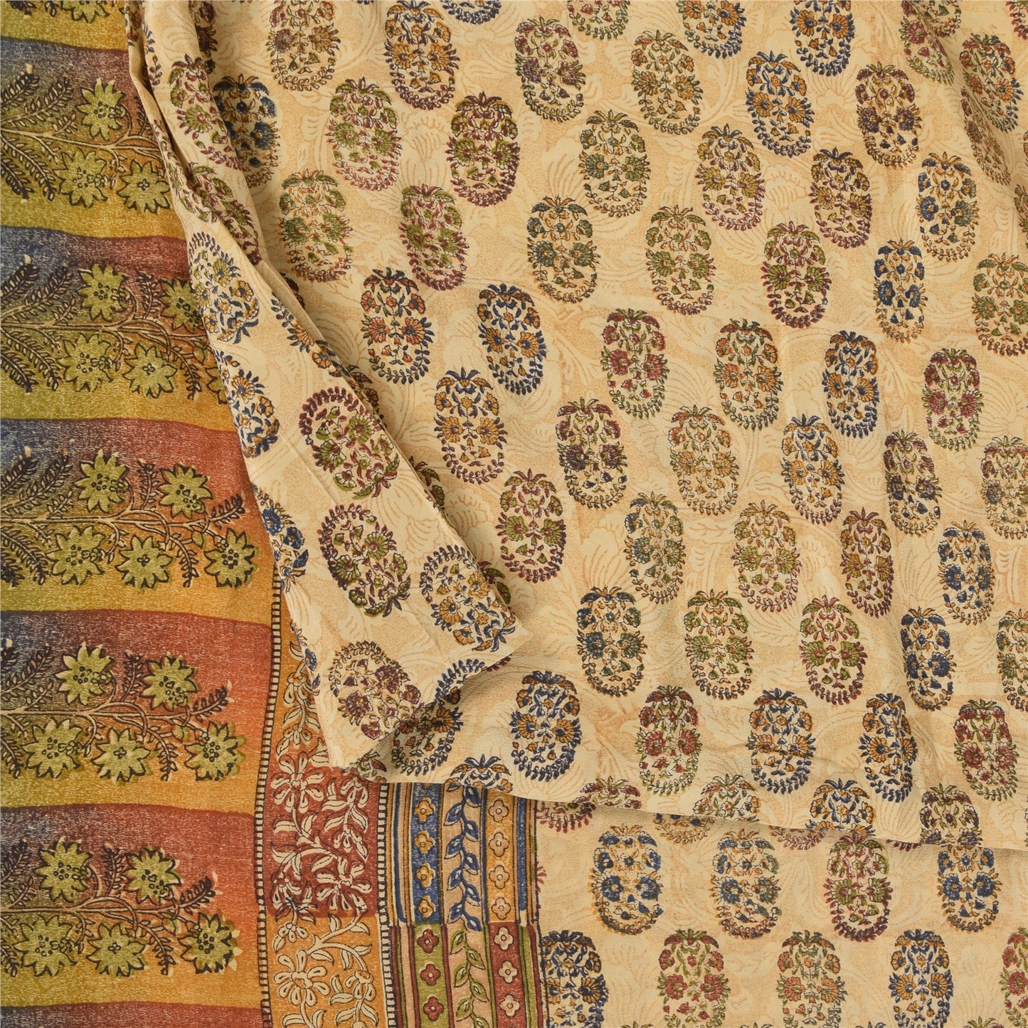 Sanskriti Vintage Sarees Cream Pure Crepe Silk Printed Sari 5+yd Craft Sustainable Fabric