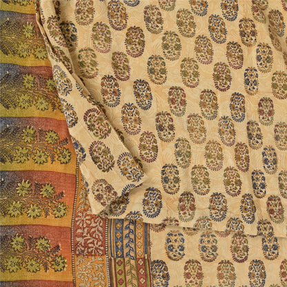Sanskriti Vintage Sarees Cream Pure Crepe Silk Printed Sari 5+yd Craft Sustainable Fabric