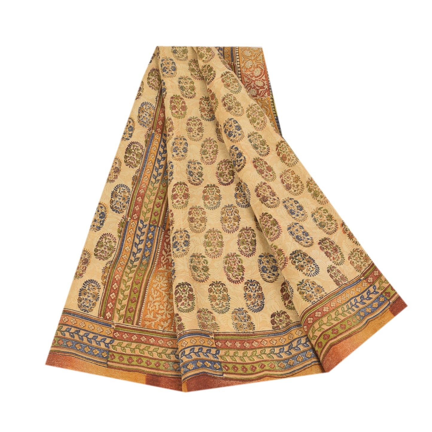 Sanskriti Vintage Sarees Cream Pure Crepe Silk Printed Sari 5+yd Craft Sustainable Fabric