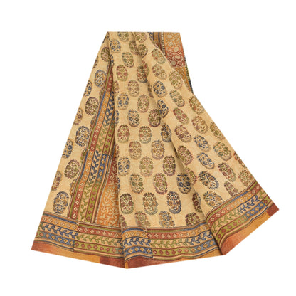 Sanskriti Vintage Sarees Cream Pure Crepe Silk Printed Sari 5+yd Craft Sustainable Fabric