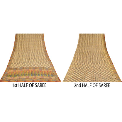Sanskriti Vintage Sarees Cream Pure Crepe Silk Printed Sari 5+yd Craft Sustainable Fabric
