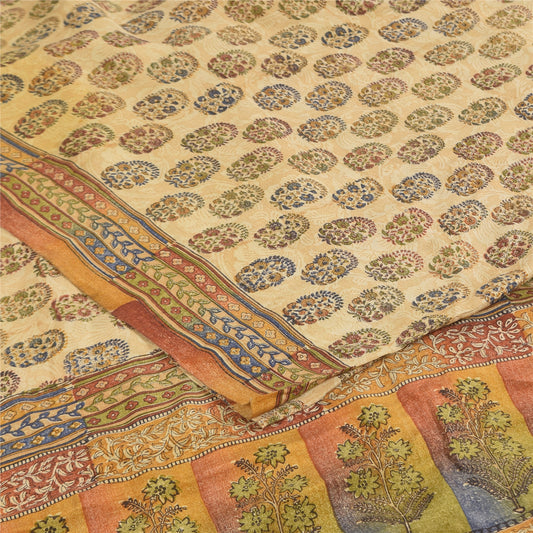 Sanskriti Vintage Sarees Cream Pure Crepe Silk Printed Sari 5+yd Craft Sustainable Fabric