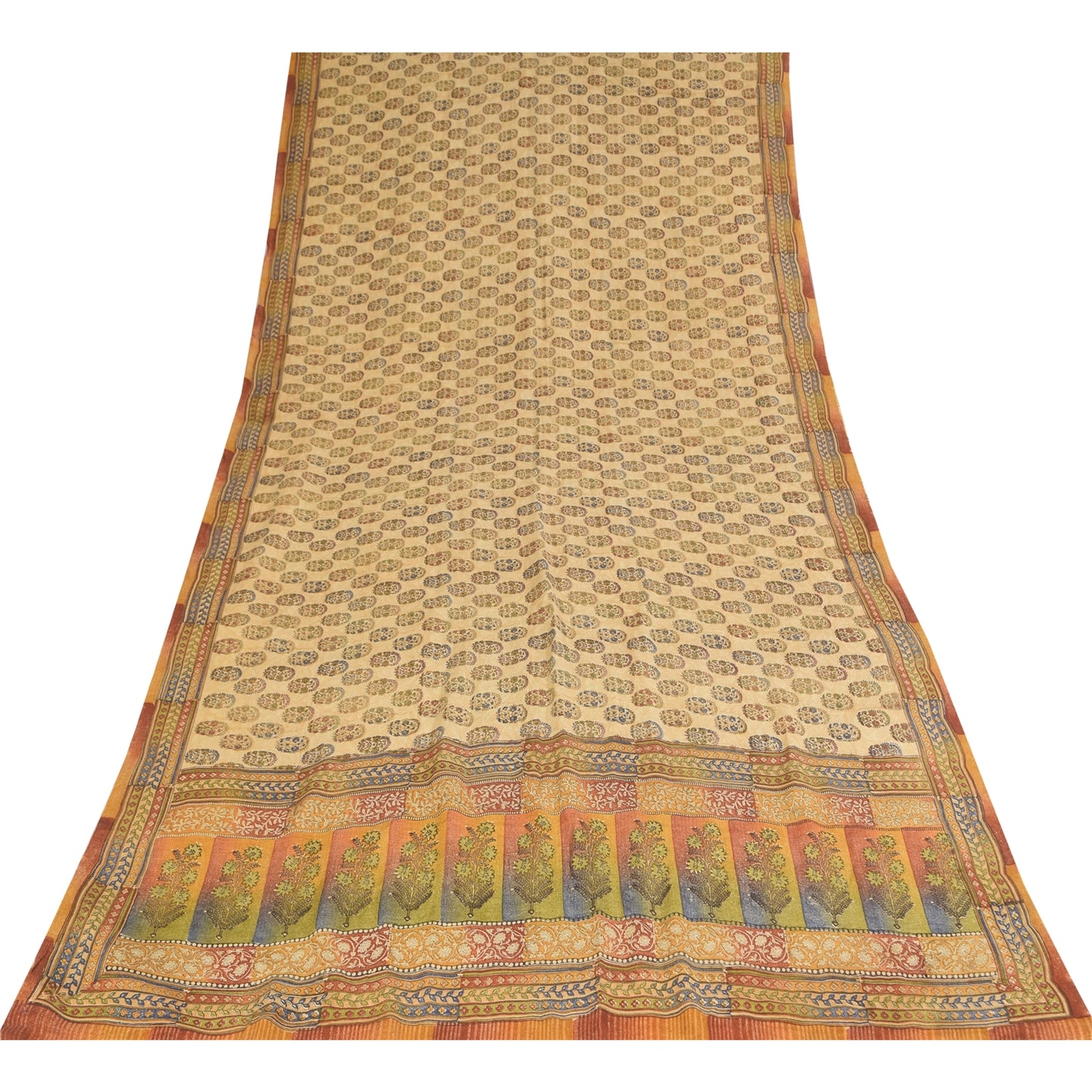 Sanskriti Vintage Sarees Cream Pure Crepe Silk Printed Sari 5+yd Craft Sustainable Fabric