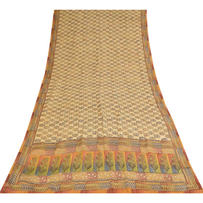 Sanskriti Vintage Sarees Cream Pure Crepe Silk Printed Sari 5+yd Craft Sustainable Fabric