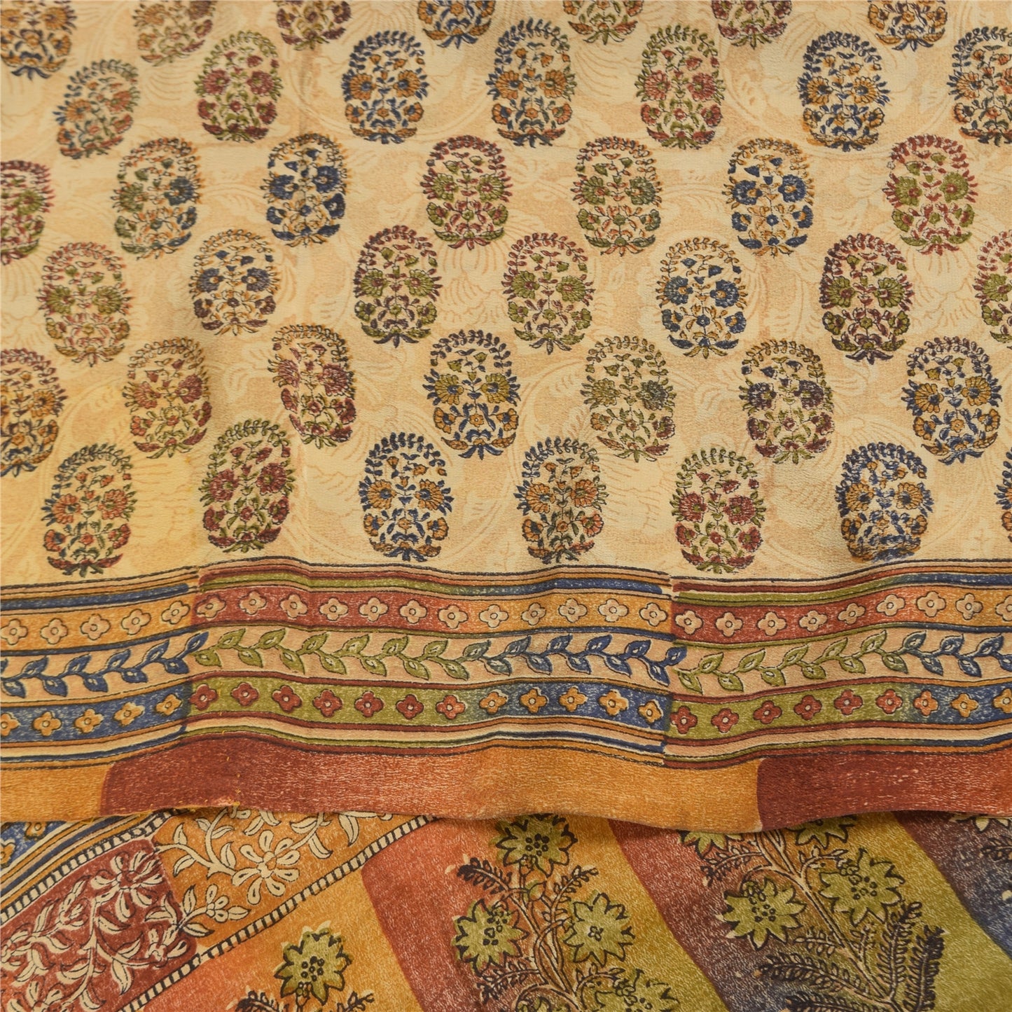 Sanskriti Vintage Sarees Cream Pure Crepe Silk Printed Sari 5+yd Craft Sustainable Fabric