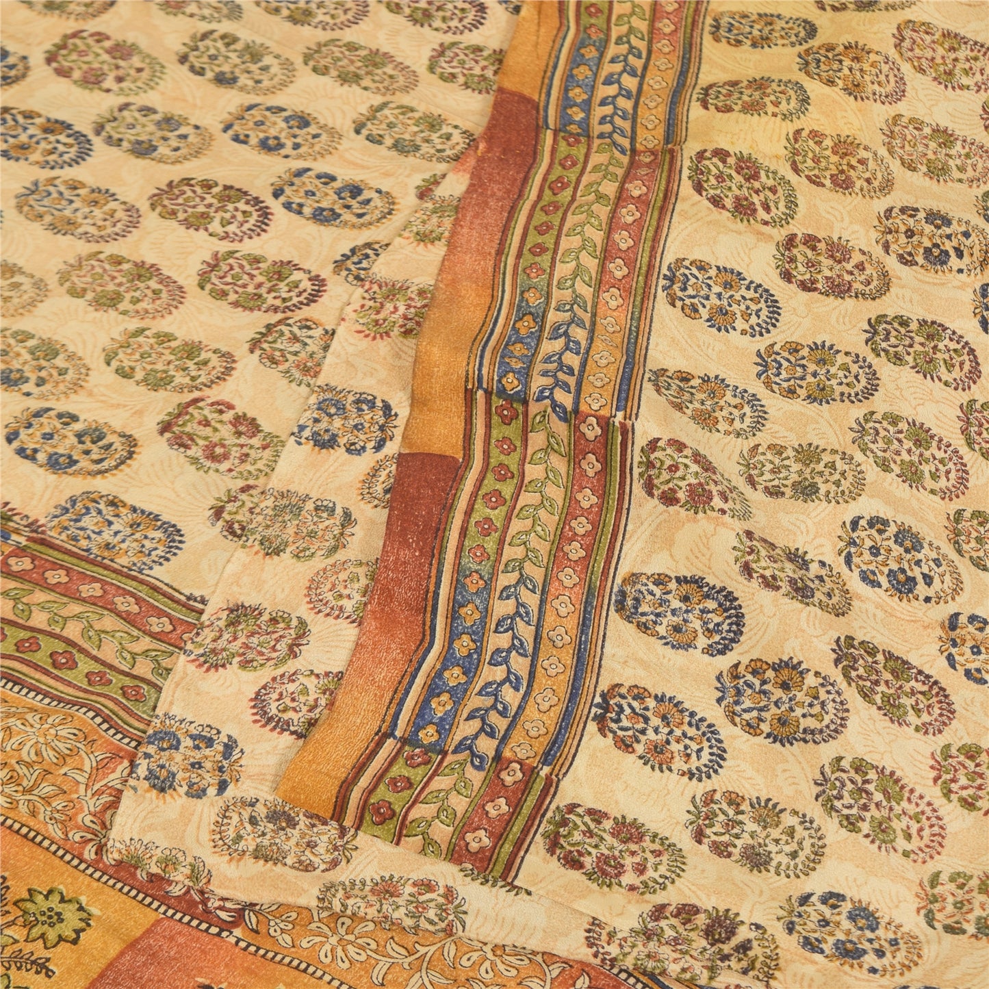 Sanskriti Vintage Sarees Cream Pure Crepe Silk Printed Sari 5+yd Craft Sustainable Fabric